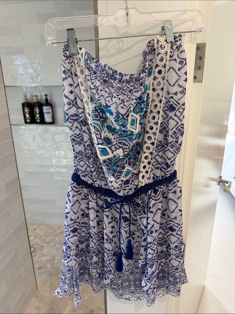 Ramy Brook White and Navy Blue Printed Swim Coverup with Turquoise Accents